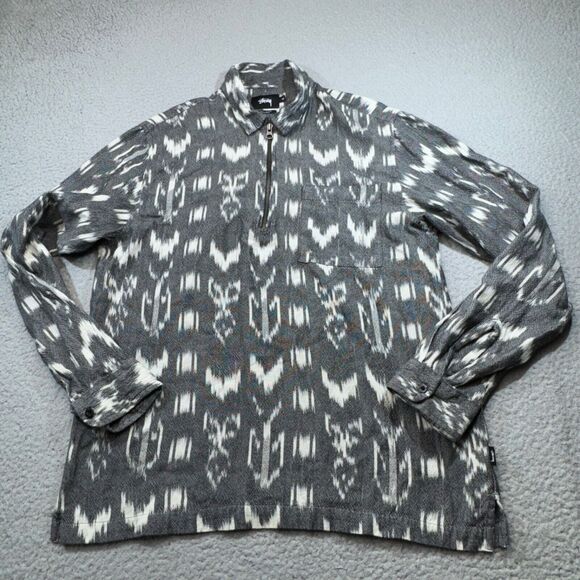 Stussy Shirt Men Medium Gray Popover Half Zip Aztec Graphic Street Skater Casual - Picture 1 of 12